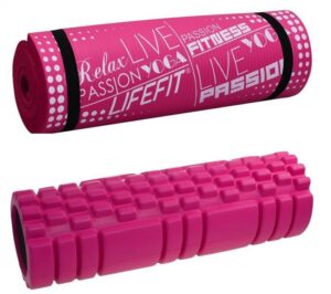 Lifefit yoga roller A11 45x14cm + Lifefit yoga mat exclusive plus 180x60x1.5cm růžová barva